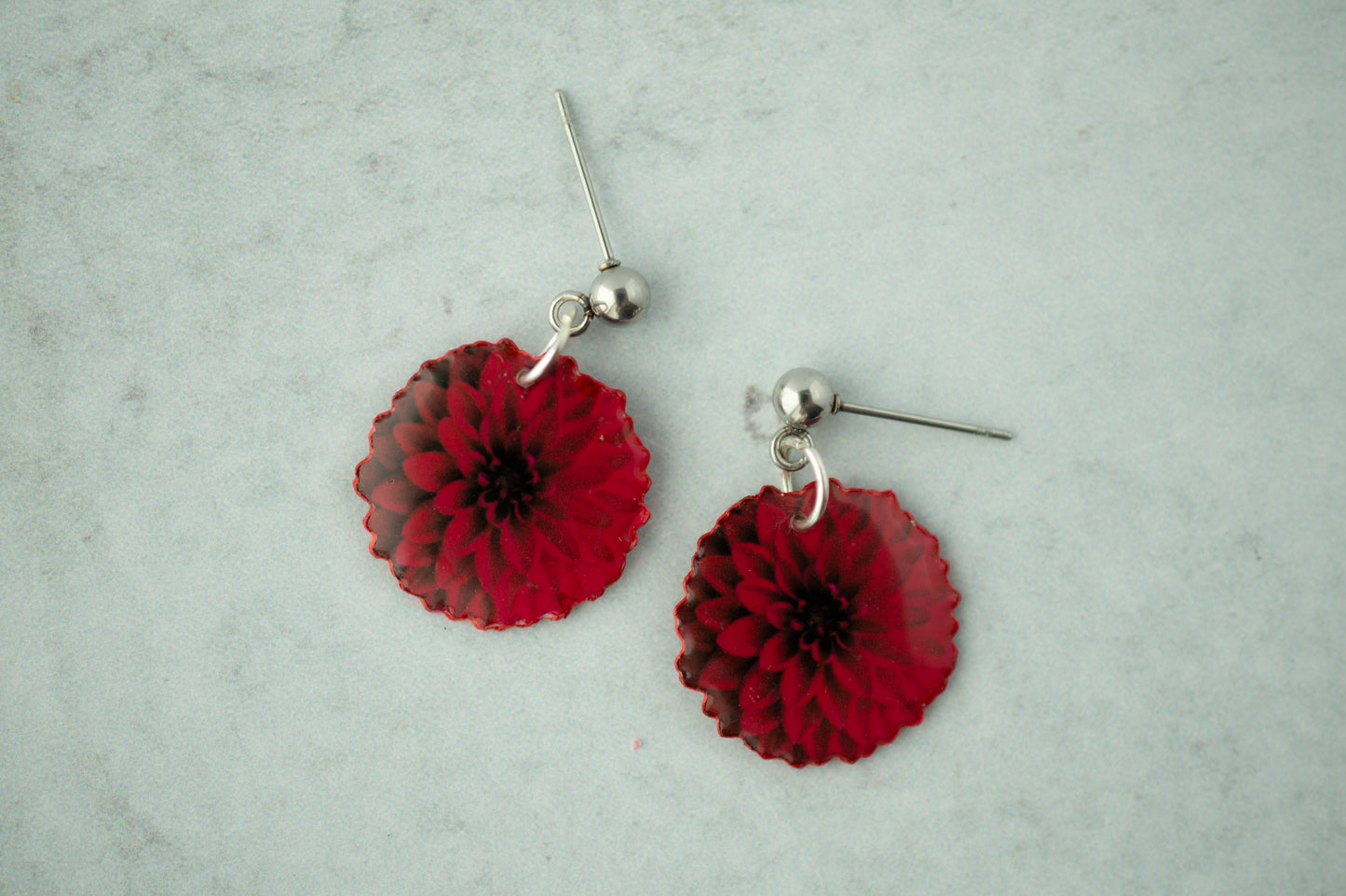 Red Ball Dahlia Blossom Flower Earrings