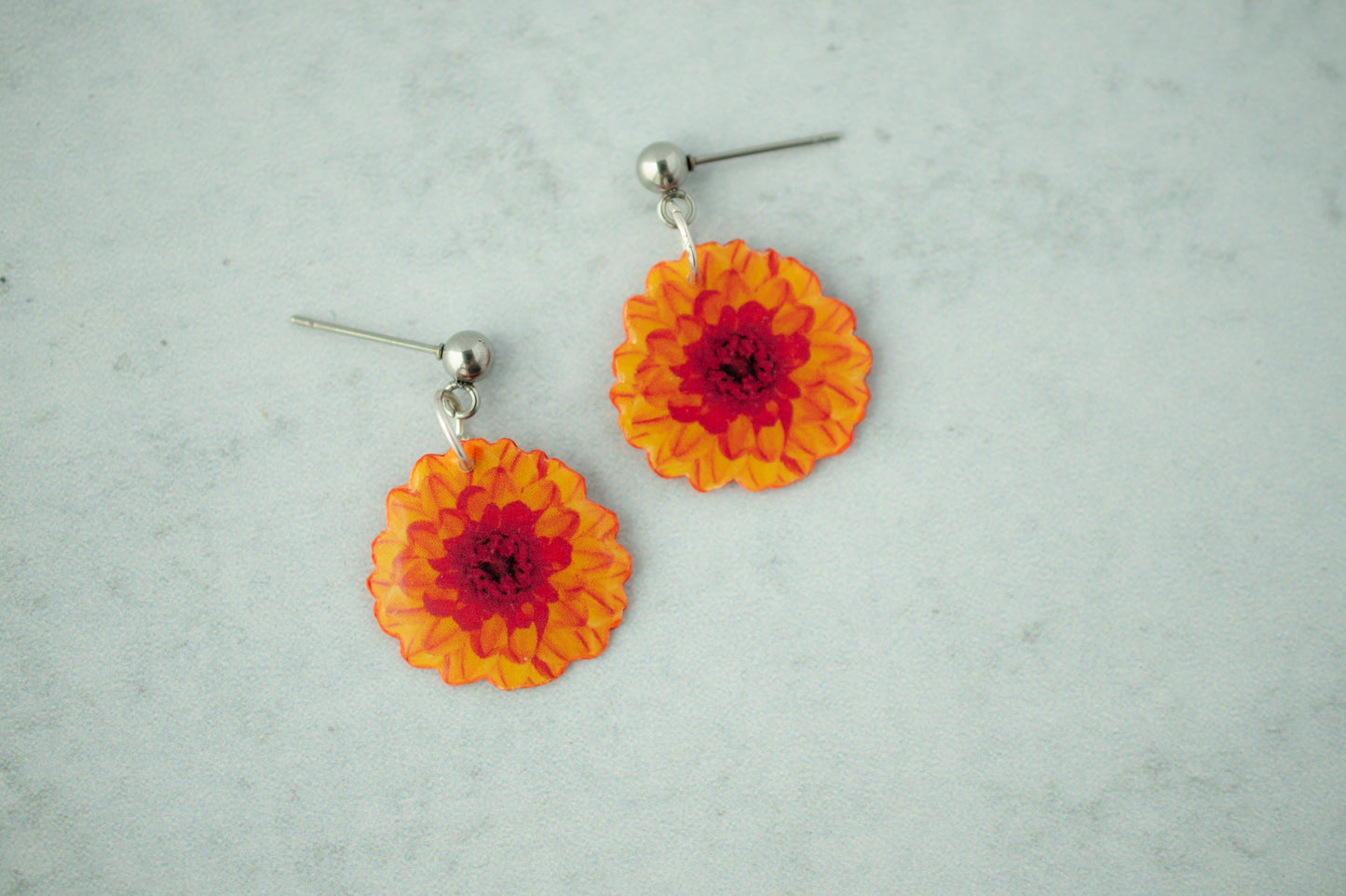 Orange Burst Ball Dahlia Blossom Flower Earrings