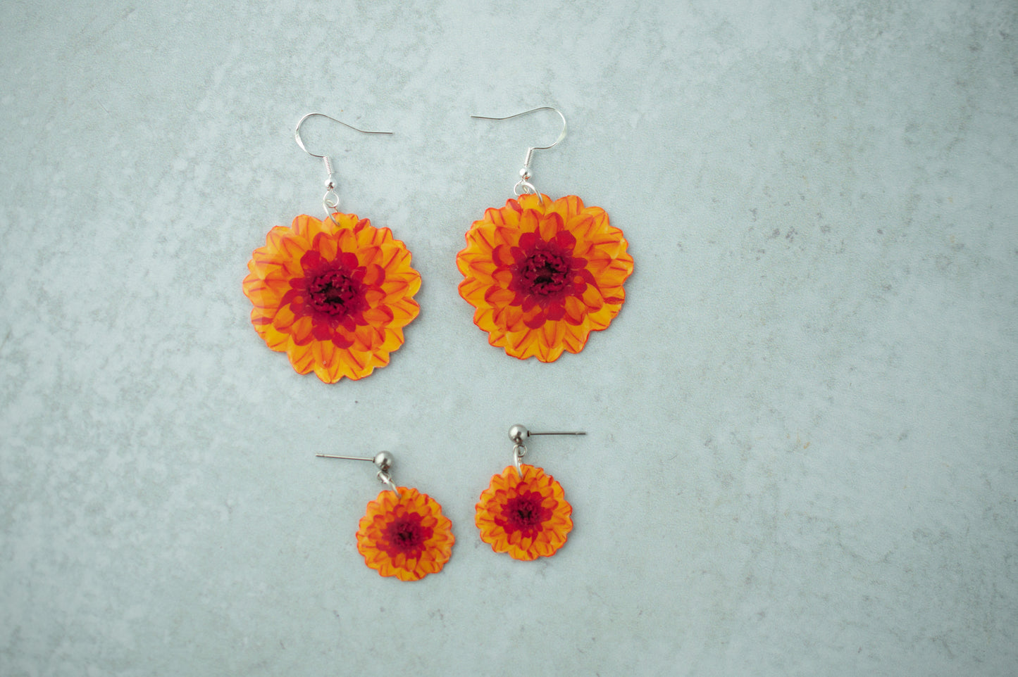 Orange Burst Ball Dahlia Blossom Flower Earrings