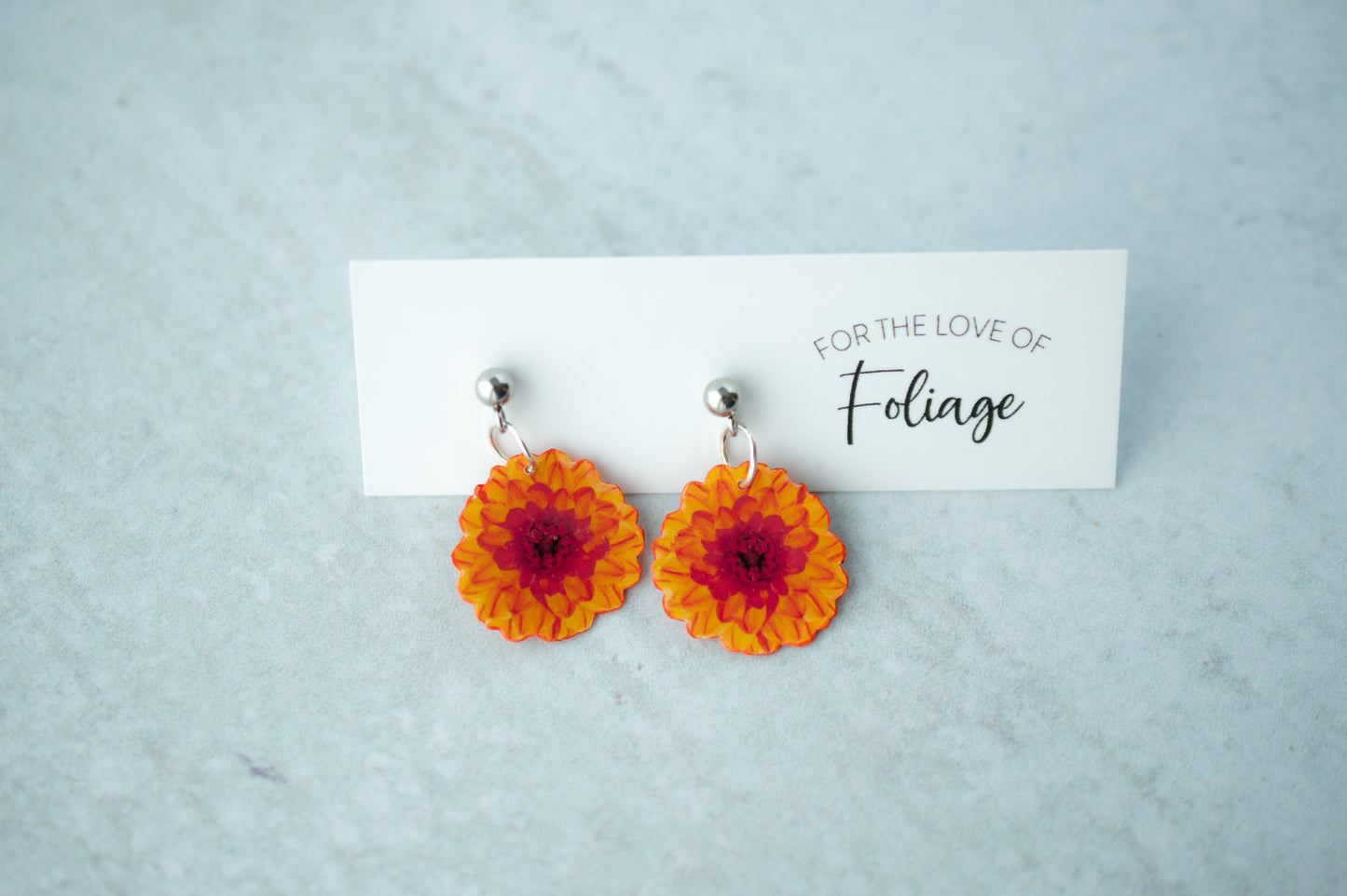 Orange Burst Ball Dahlia Blossom Flower Earrings