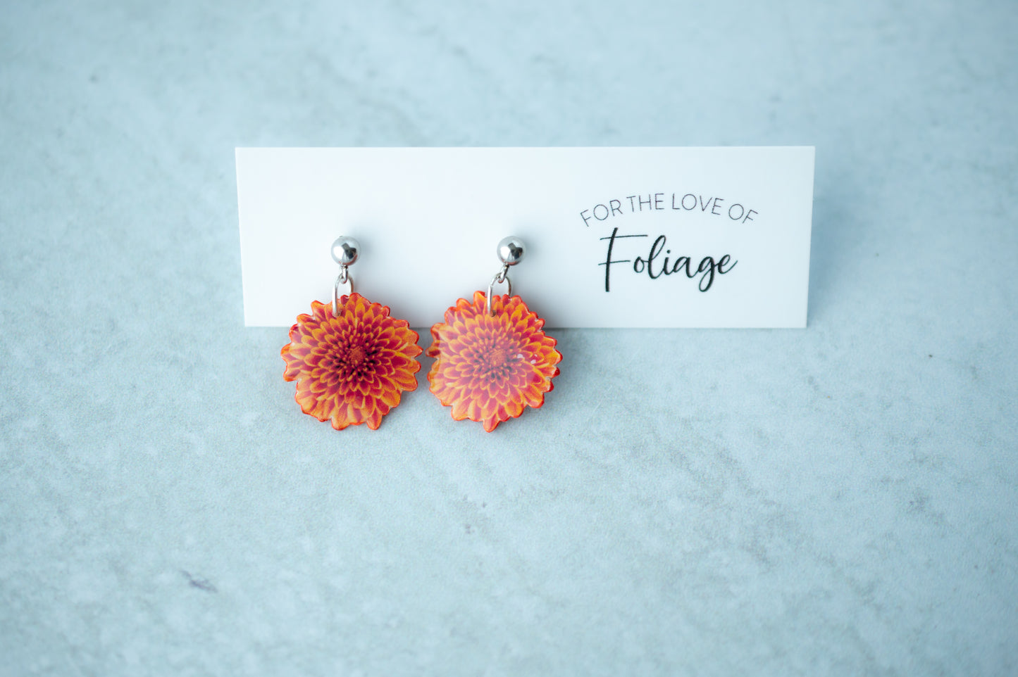 Orange Chrysanthemum "Mums" Blossom Earrings | Leaf Earrings