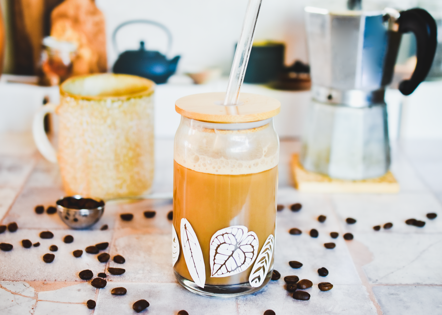 All The Leaves, Please! 16oz Can Glass Cup and Straw with Bamboo Lid