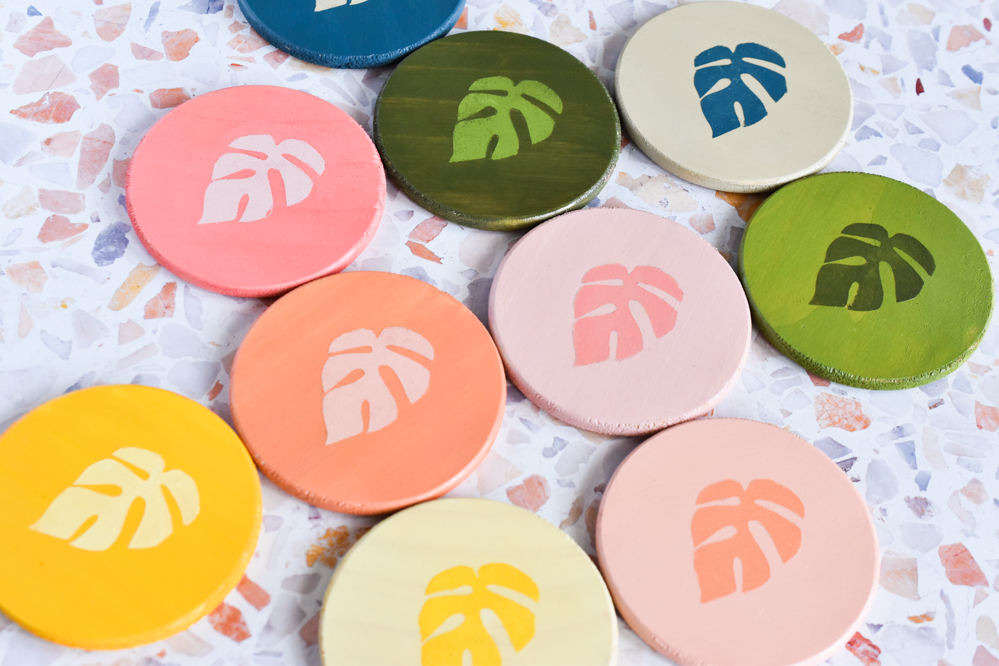 Rhaphidophora Tetrasperma "Mini Monstera" Multicolor Painted Wooden Coaster 2-Pack