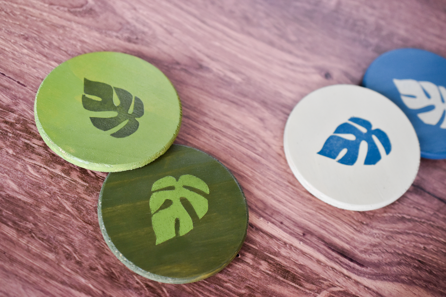 Rhaphidophora Tetrasperma "Mini Monstera" Multicolor Painted Wooden Coaster 2-Pack