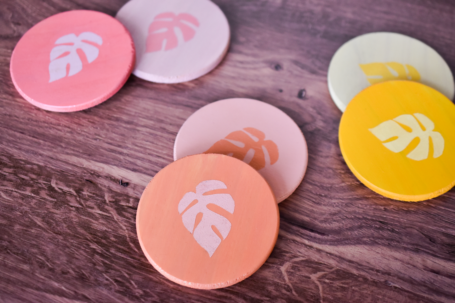 Rhaphidophora Tetrasperma "Mini Monstera" Multicolor Painted Wooden Coaster 2-Pack