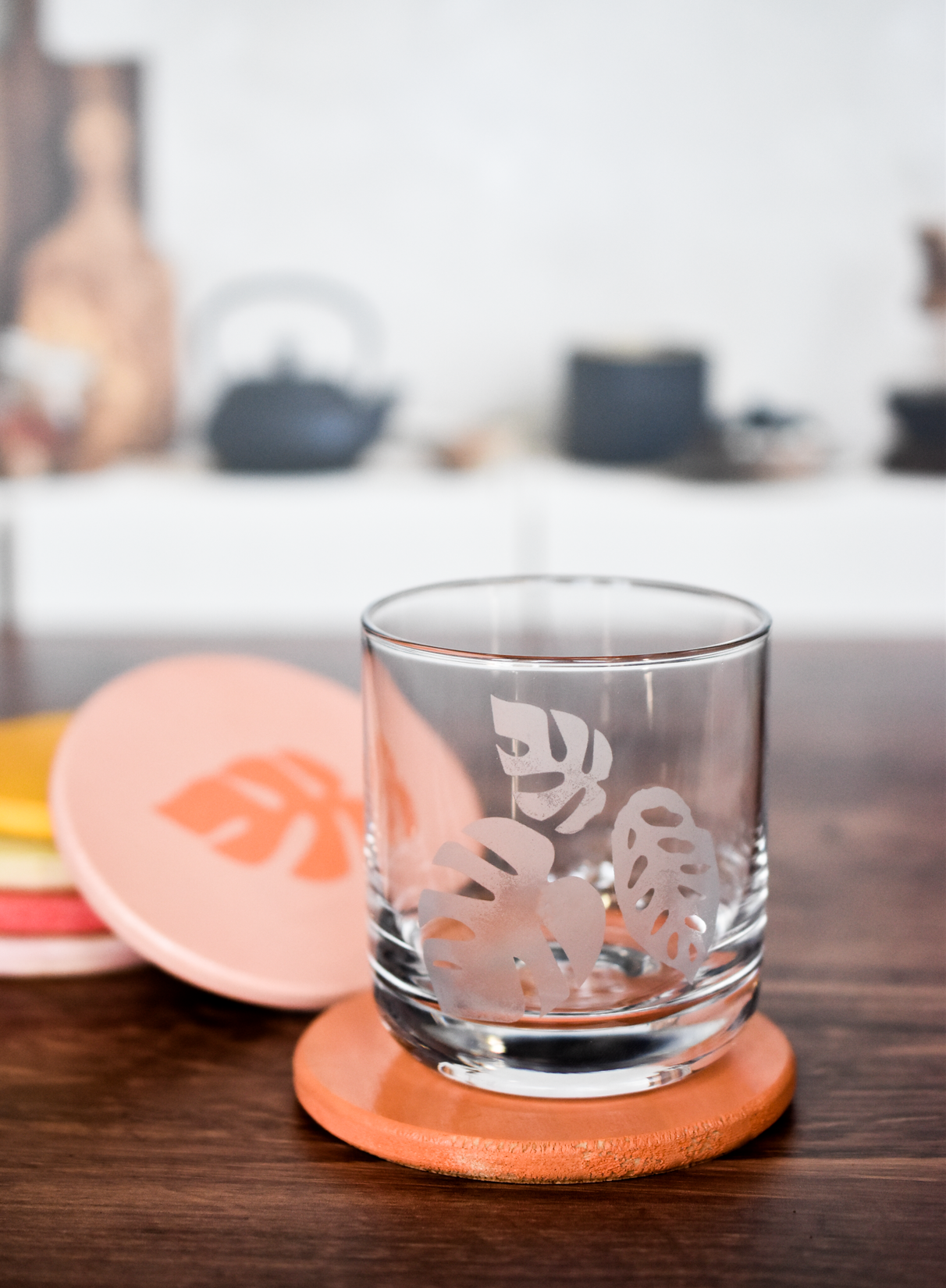 Rhaphidophora Tetrasperma "Mini Monstera" Multicolor Painted Wooden Coaster 2-Pack