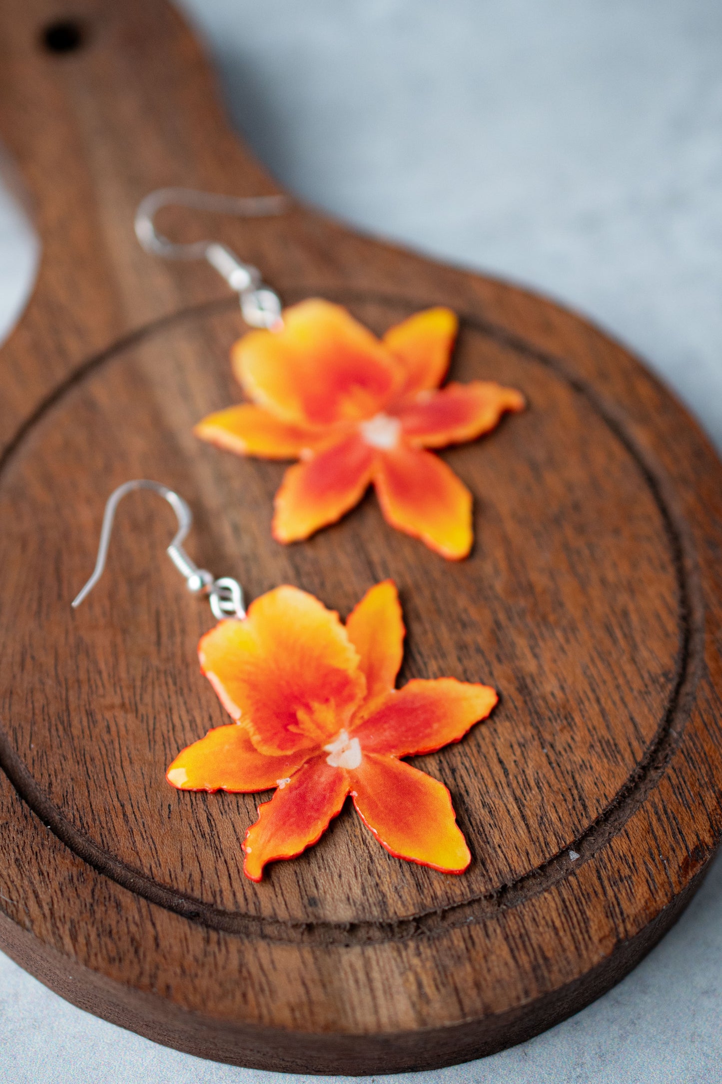 Orange Orchid Bloom Plant Earrings | Blossom Earrings