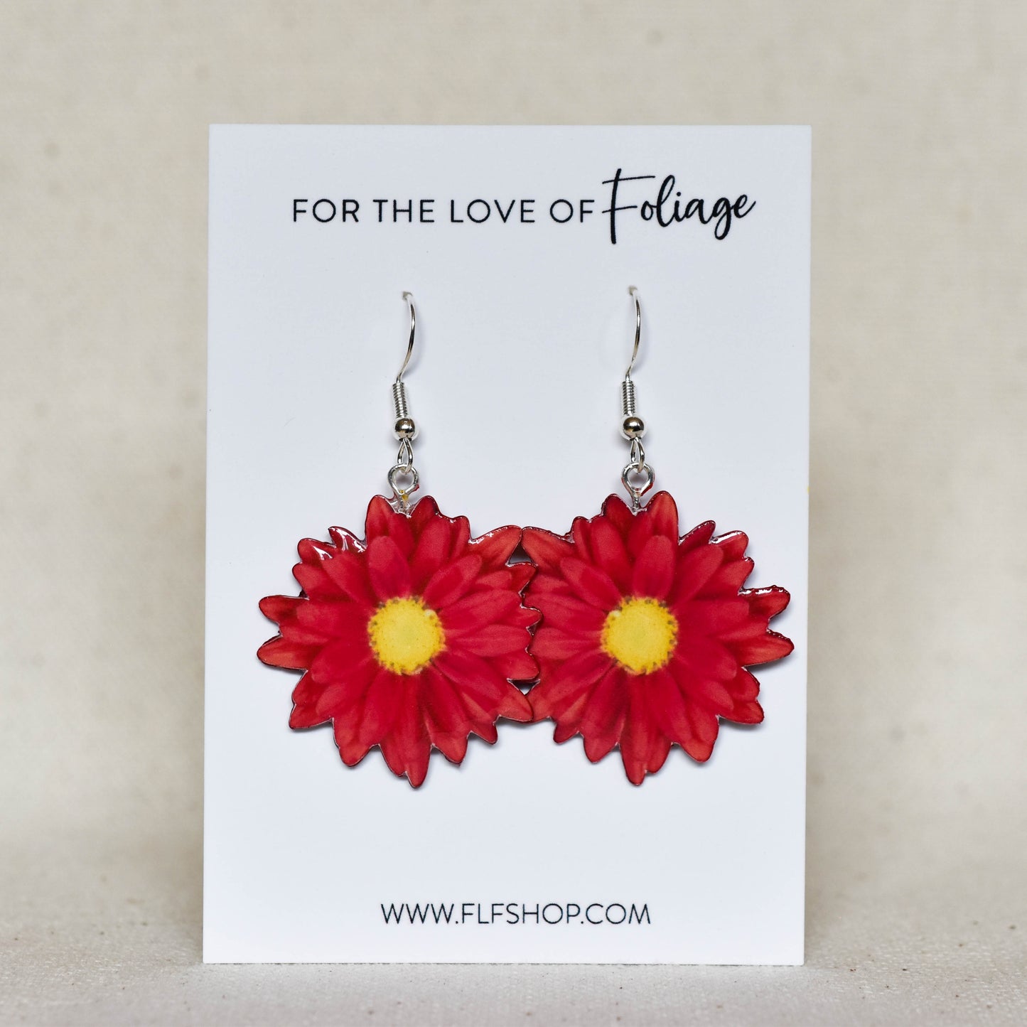 Red Daisy Blossom Earrings | Leaf Earrings