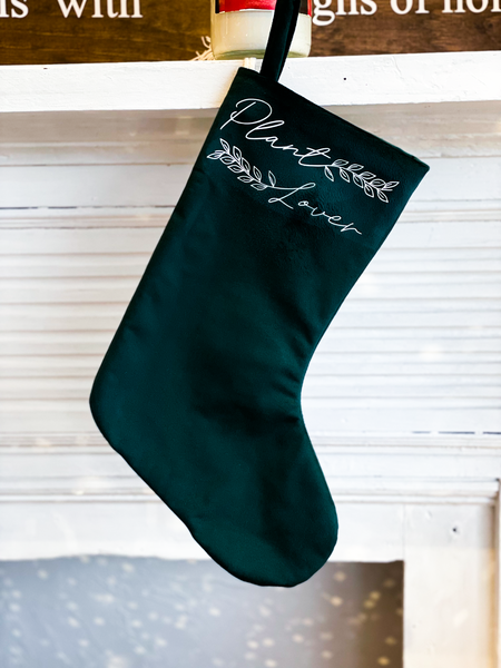 Plant Lover Emerald Green Velvet Christmas Stocking with Tassel