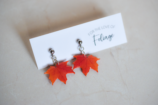 Orange Maple Leaf Stud Plant Earrings | Leaf Earrings