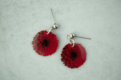 Red Ball Dahlia Blossom Flower Earrings