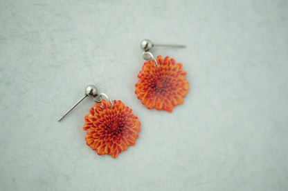 Orange Chrysanthemum "Mums"  Blossom Earrings | Leaf Earrings
