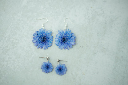 Blue Chrysanthemum Blossom Flower Earrings