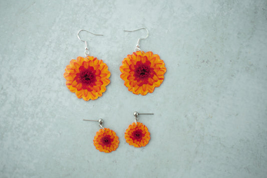 Orange Burst Ball Dahlia Blossom Flower Earrings