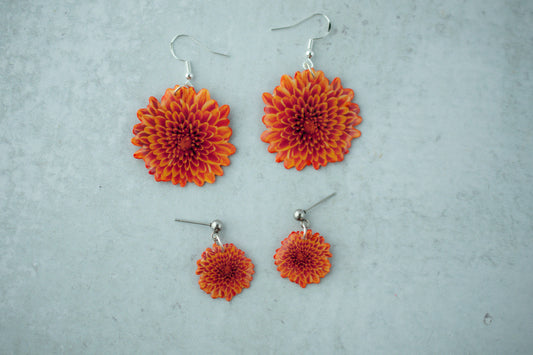 Orange Chrysanthemum "Mums"  Blossom Earrings | Leaf Earrings