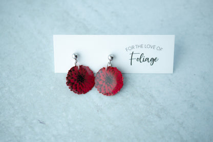 Red Ball Dahlia Blossom Flower Earrings