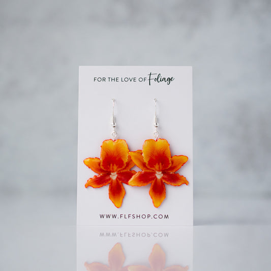 Orange Orchid Bloom Plant Earrings | Blossom Earrings