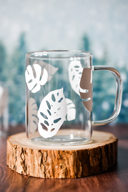 Monstera Madness Glass Mug   |   Leaf Print 15oz Glass Mug Coffee Hot Cocoa Tea