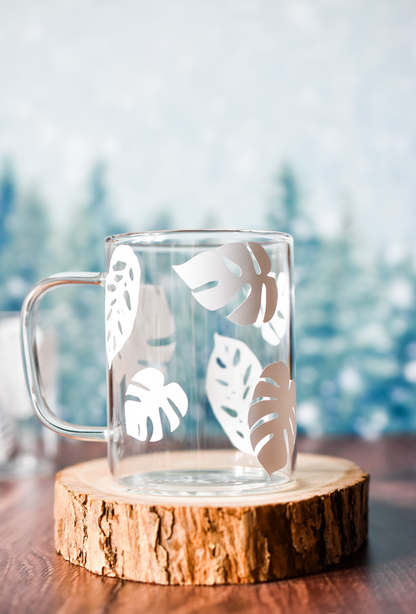 Monstera Madness Glass Mug   |   Leaf Print 15oz Glass Mug Coffee Hot Cocoa Tea