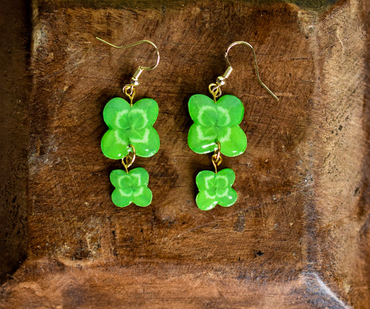 Lucky Shamrock 4-Leaf Clover Double Dangle Earrings | Leaf Earrings | Plant Earrings