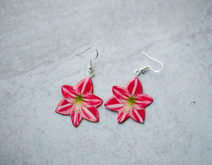 Holiday Peppermint Amaryllis Plant Earrings | Flower Blossom Earrings | Red Earrings