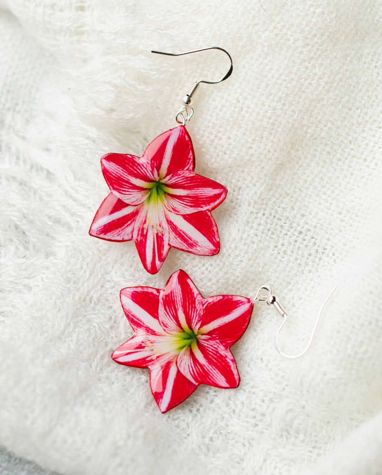 Holiday Peppermint Amaryllis Plant Earrings | Flower Blossom Earrings | Red Earrings