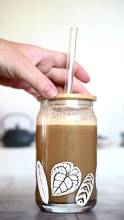 All The Leaves, Please! 16oz Can Glass Cup and Straw with Bamboo Lid