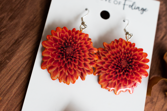 Orange Chrysanthemum "Mums"  Blossom Earrings | Leaf Earrings